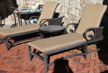 Sunbrella Castelle Quality Cast Aluminum Adjustable Outdoor Lounges With Side Table And Atlantic Shore Cushio