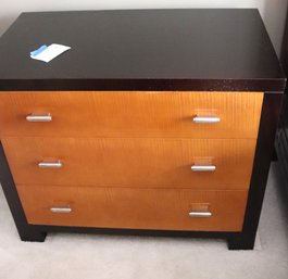 John Widdicomb Art Deco Style Side Table / Nightstand In Exotic Wood With Dark Lacquered Frame & 3 Drawers