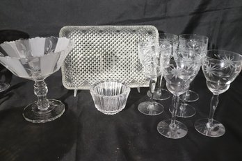 Set Of 6 Fine Etched Wine Glasses With Etched/frosted Pedestal Dish And Tray