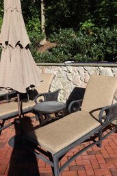 Sunbrella Castelle Quality Cast Aluminum Adjustable Outdoor Lounges With Side Table And Atlantic Shore Cushion
