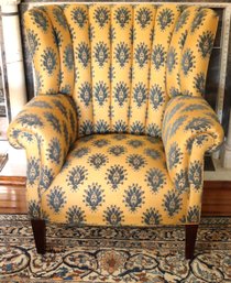 Custom Channel Back Armchair Upholstered In Quality Textured Linen Fabric With Blue Floral Accents