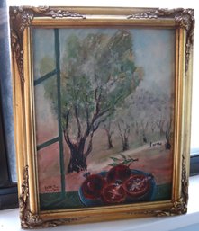 Signed Reuven Rubin Oil Painting On Board With Pomegranates & Trees