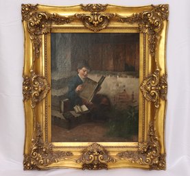 Jelinek Signed Painting On Canvas Of Boy With Newspaper In Baroque Gold Leaf Frame.