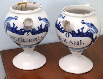 Two Antique Italian Majolica Pharmacy Dispensers With Spouts And Latin Names