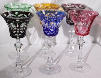 Set Of 6 Gorgeous Vintage Multicolored Czechoslovakian Wine Glasses
