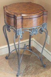 Quatrefoil Shaped Leather Storage Table With Wrought Metal Base.