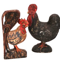 Vintage Hand Carved Wood Roosters