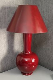 Decorator Inspired Tall Maroon Porcelain Ming Style Lamp With Maroon Paper Shade.