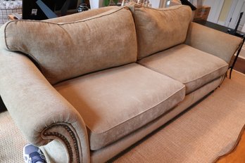 Grange Sand Toned Rolled Arm Sofa With Nail Head Accents & Corduroy Style Fabric