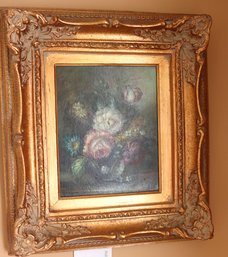 Oil On Canvas Still Life With Flowers In An Embossed Gold Frame.