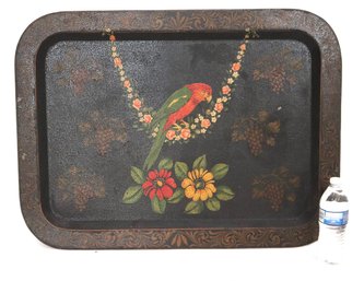 Vintage/ Antique Hand Painted Metal Tray With Parakeet & Floral Detail