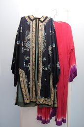 Gorgeous Antique Hand Embroidered Chinese Overcoat & 1970s Silk Rye Dyed Overcoat
