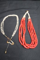 Natural Coral, Four Strand, Ethnic Nepali Necklace And Freshwater, Pearl Lariat Necklace