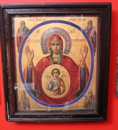 Spectacular Hand Painted Antique Icon Featuring The Holy Mother With Metal Crown
