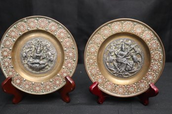 Two Hammered Repousse Brass Plates With Buddha Design Center And Floral Rim