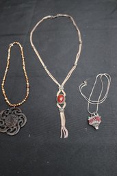 Three Vintage Necklaces, With Freshwater Pearls, Sterling Silver Basket, Pendant,  Ethnic Necklace With Stone