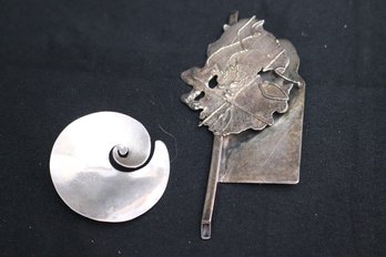 Two Vintage Signed Sterling Silver Pins With An Abstract Leaf Design And Swirl Design