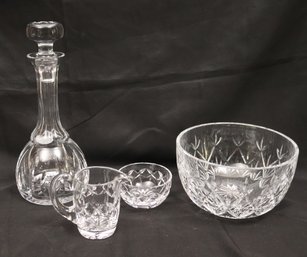 Gorgeous Tiffany And Co. Etched Bowl, Waterford Sugar And Creamer Dishes And Etched Glass Decanter With A St