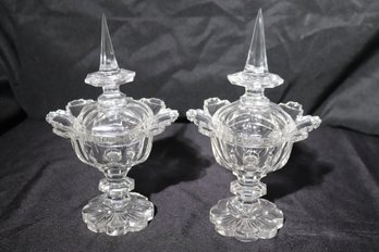 Two Early 20th Century Cut Crystal Covered Candy Dishes, With Art Deco Ziggurat Edges