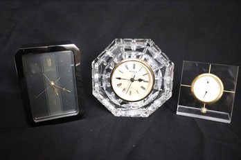 Two Vintage Table Clocks With Waterford, Seiko, & Mikimoto Thermometer, With Pearl.