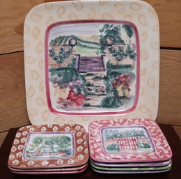 Michael Sparks Hand Painted Square Serving Platter And 7 Square Plates