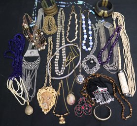 Large Lot Of Vintage Costume, Jewelry With Bone Necklace, Amethyst, Lions, Head, Ethnic Pieces, And More