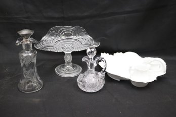 Giraud Limoges France Platter W Sugar And Creamer, Etched Decanter W Sterling Top Etched Vinaigrette Pitcher A