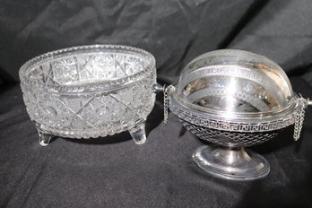 Vintage Cut Crystal Footed Bowl And Silver-plated Domed Caviar Server.
