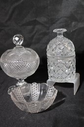Three Crystal Items With 2 Covered Candy Bowls And Small Dish.