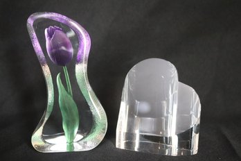 Two Art Glass Pieces With Heart Shape, And Fused Tulip Flower.