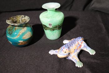 Lot Of Two, Small, Signed Art Glass Vase And Ceramic Lizard