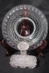 An Antique Cut Crystal Perfume Bottle And Etched Crystal Dish.