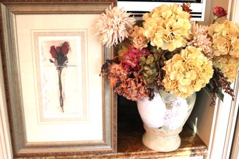 Signed Floral Print & Faux Floral Centerpiece With Vase