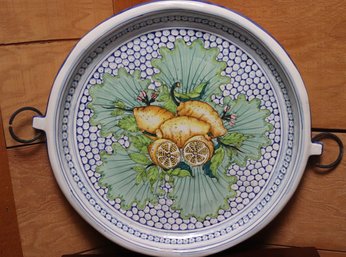 Oversized Hand Painted Italian Platter Depicting Lemons And Leaves