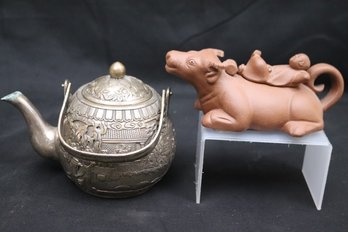 Etched/Engraved Metal Chinese Kettle Includes Chinese Creamers
