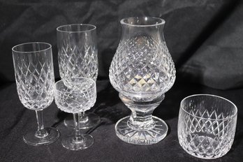 Lot Of 5 Cut Crystal Pieces With Hurricane Candle, & 4 Glasses.