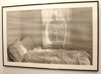 Framed Black And White Photo Of Rumpled Bed And Curtained  Window