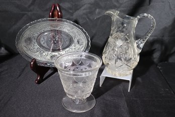 A Small Cut Crystal Pitcher And Pressed Glass Bowl And Fitted Dish.