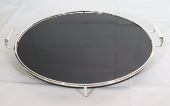 Elegant Ralph Lauren Round Black Glass Tray With Chrome Handled Frame