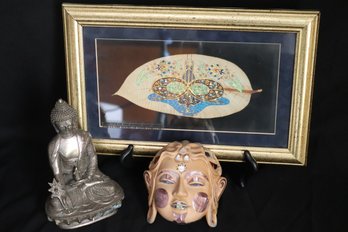 An Assortment Of Far East Dcor, With Thai Buddha, Wood Mask W/ Abalone Inlay And A Hand Painted Leaf.