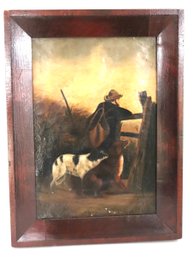 Antique Painting Oil On Canvas Depicting Hound Scene