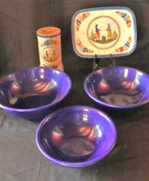 3 Large Vintage Ceramic Cobalt Blue Mixing Bowls With Footed Bases, Includes Henriot Quimper Design Tray And C