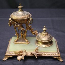 Antique Style Bronze Inkwell On Green Onyx Stand.