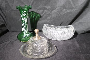 Antique Crystal Covered Cheese Dish With Sterling Handle, Crystal Bowl And Green Vase.