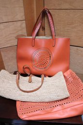 Three Vintage Tote Bags In Orange Vinyl & Raffia From Annabel Ingall And Neiman Marcus