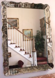 Stunning Grand Smoky Glass French Etched Hallway Mirror With Golden Tone Accents Approx 45 X 62 Inches