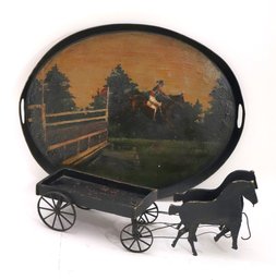 Includes A Large Hand Painted Equestrian Metal Tray & Vintage Handmade Wood And Metal Horse Carriage