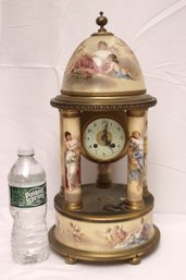 Splendid French Hand Painted, Signed Porcelain And Brass Cupola Clock.