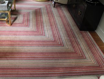 Custom Created Carpet By Stark, USA With A Square Pattern Of Red, Gray And Pink Geometric Lines