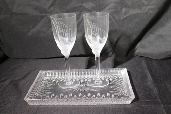 Two Lalique France Angel Champagne Flutes And Pressed Glass Tray.